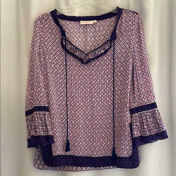 Tory Burch Tops - Tory Burch Women's Silk Blend‎ Patterned Blouse with Ruffle Trim, size 0 (small)